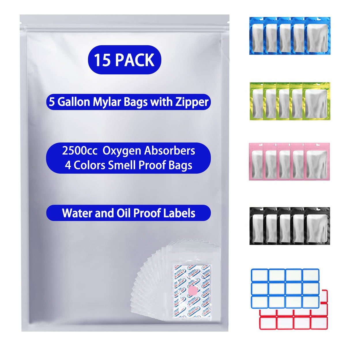 LinsKind 15-pcs mylar bags with large 15.9x23.8-inch dimensions for organized long-term storage.