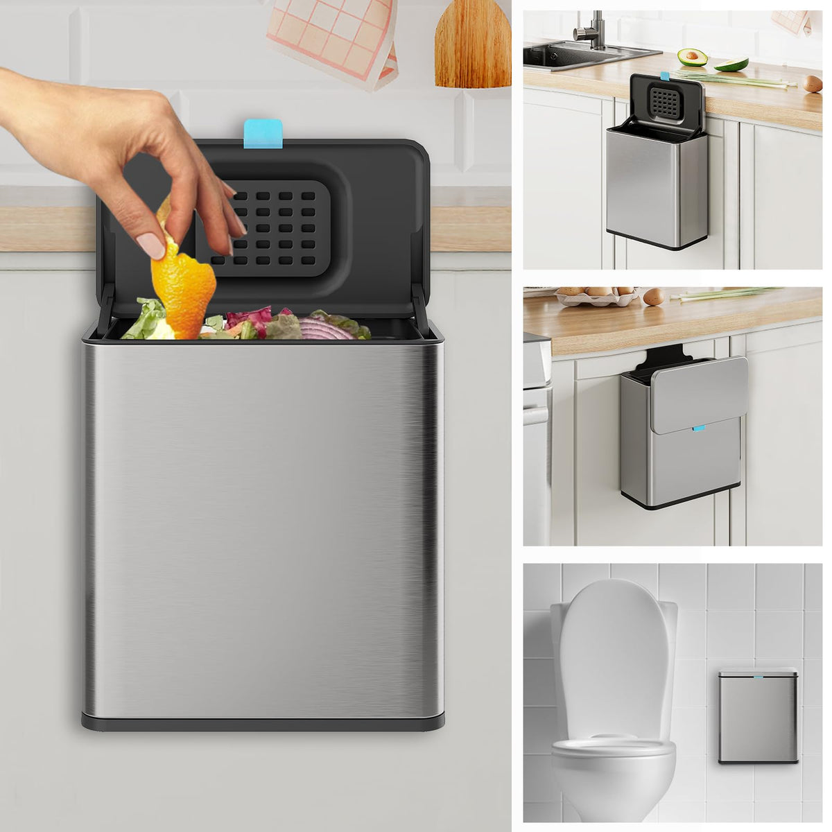 LINSSEN stainless hanging trash can with lid, space-saving for kitchens.