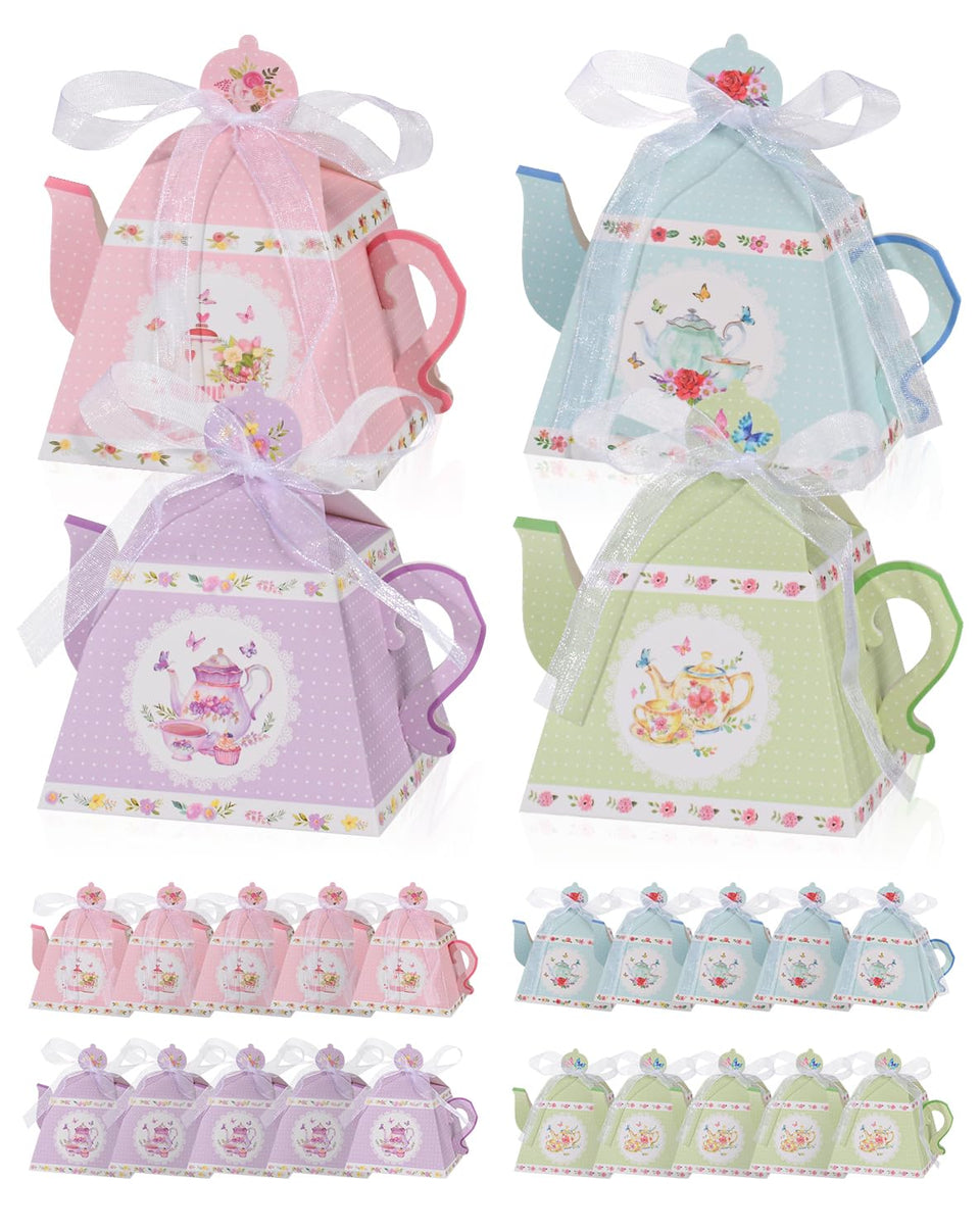 Liobelon floral teapot favor boxes showcase vintage tea party decor for guests.