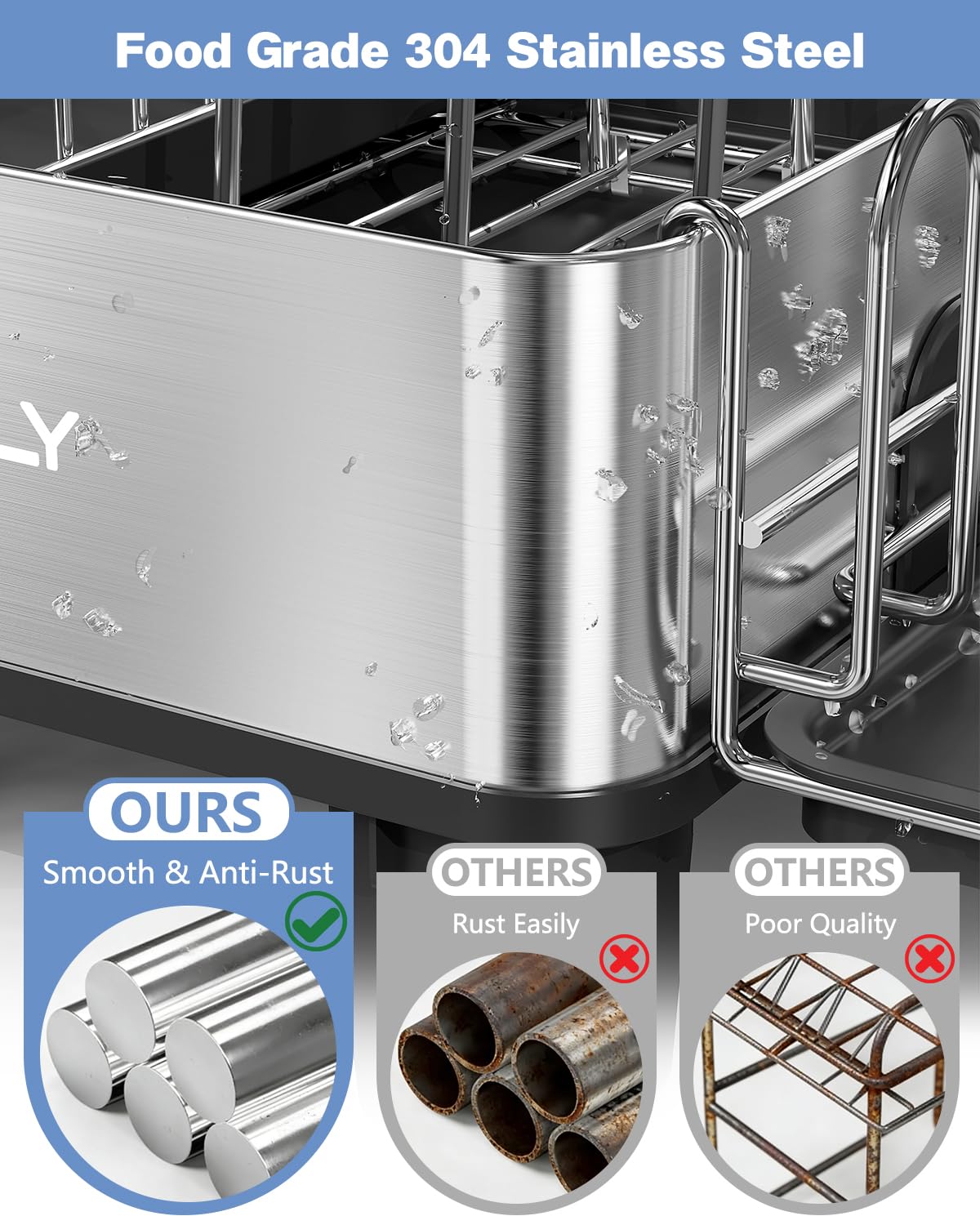 LIONONLY stainless steel rack with adjustable drain spout directing water to sink