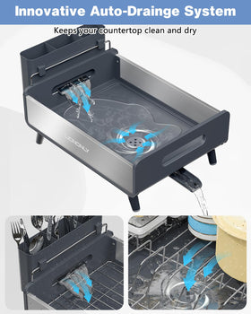 LIONONLY dish drying rack drain spout demonstrates quick drainage for mess-free counters