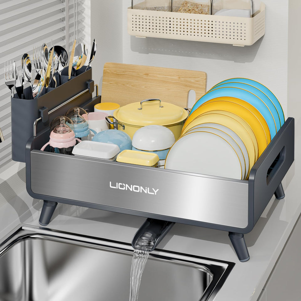 LIONONLY dish drying rack front view shows anti-slip feet and compact footprint for organized counters