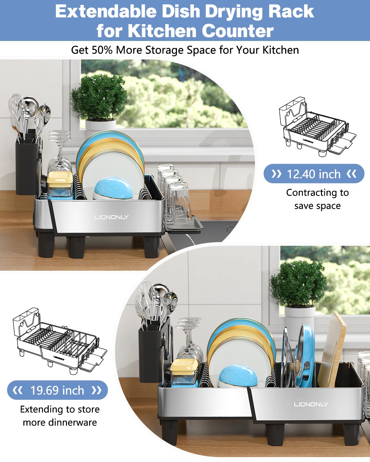 LIONONLY dish rack with integrated utensil holder organized silverware