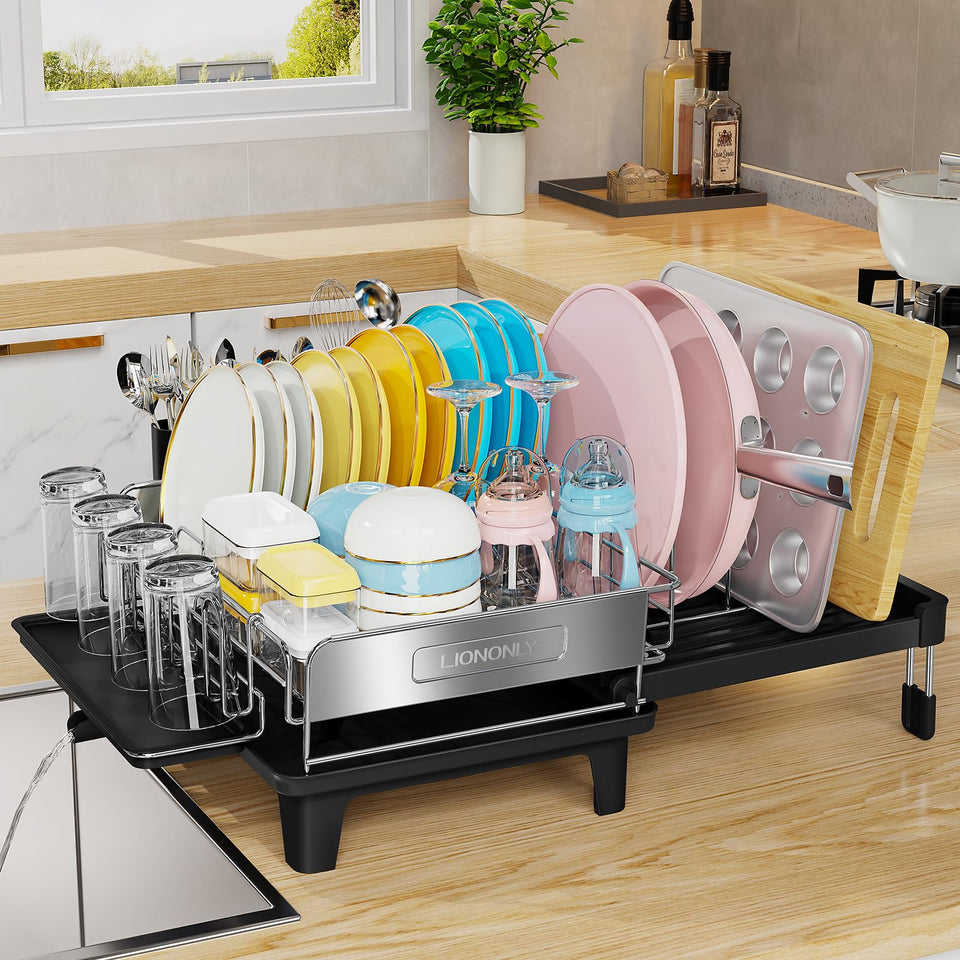 LIONONLY expandable dish drying rack full view, space-saving black design