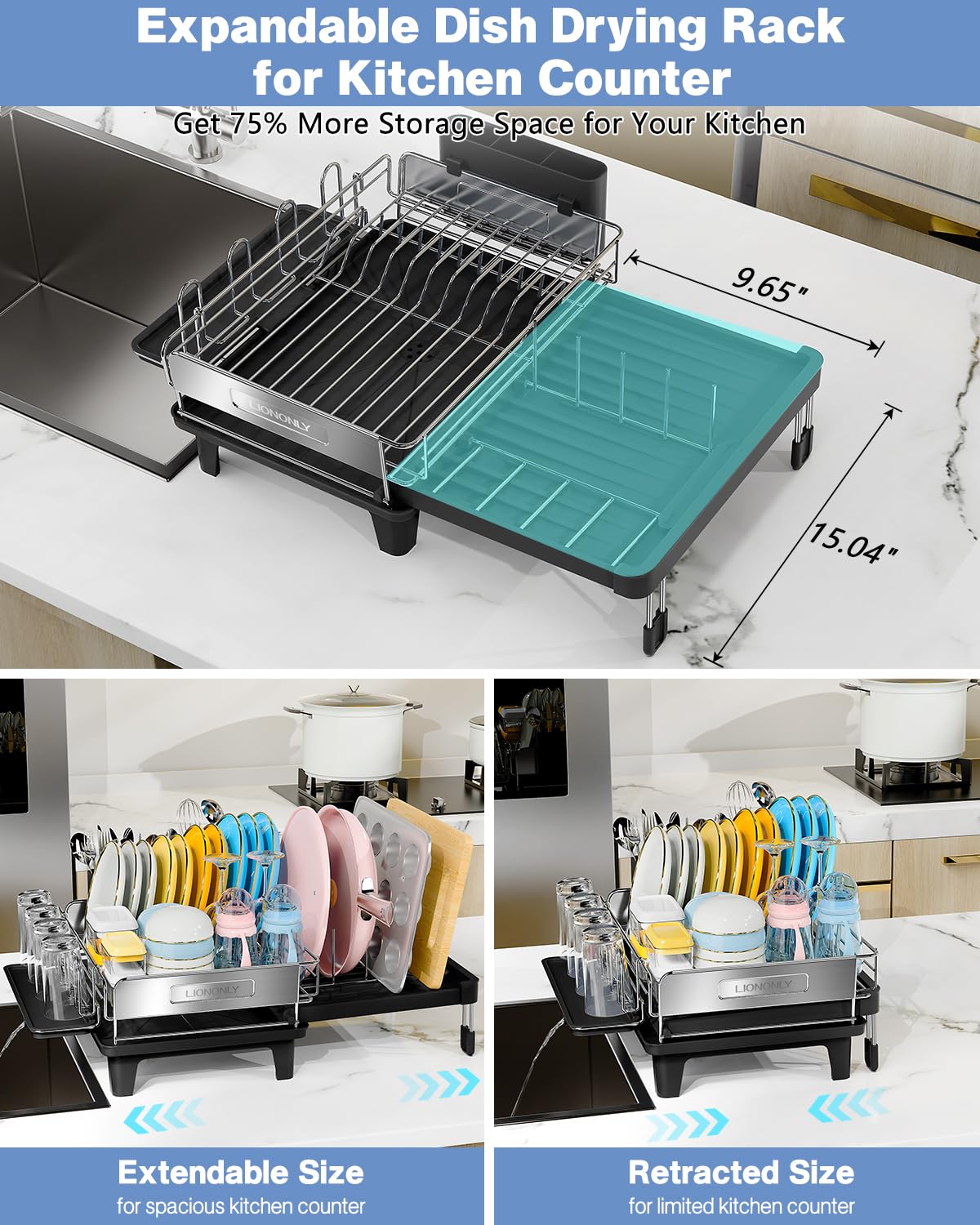 LIONONLY dish drying rack side view showing compact counter footprint