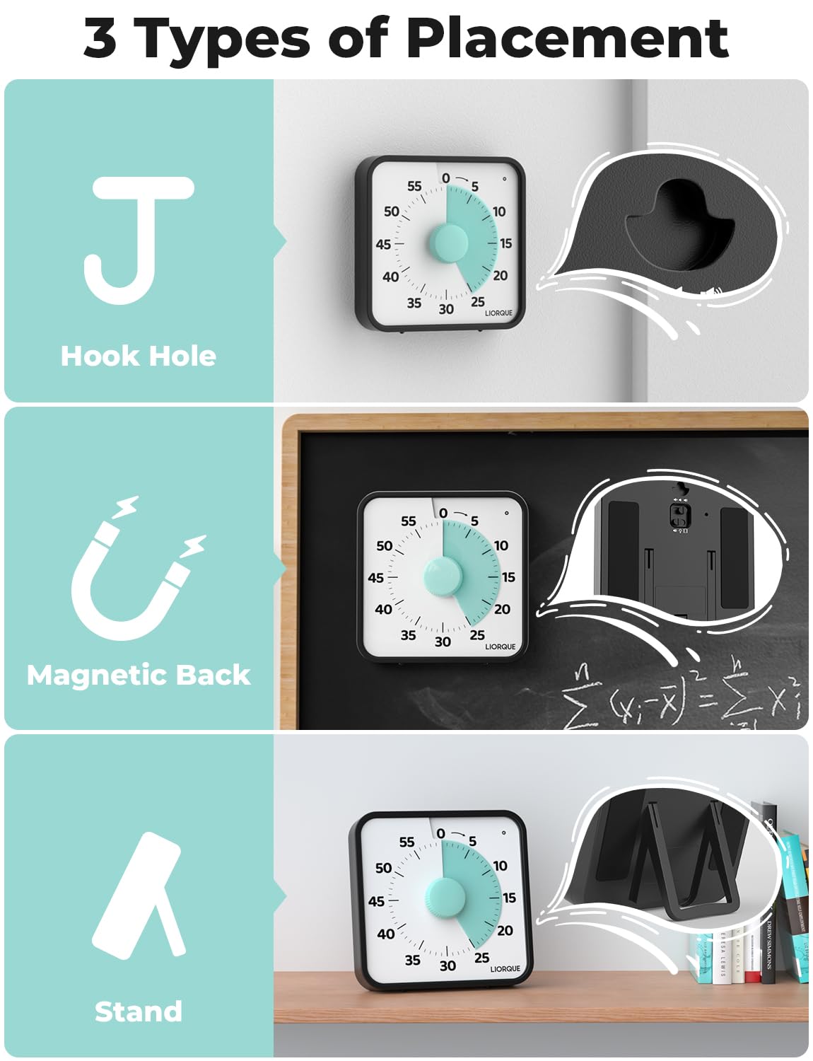LIORQUE timer with foldable bracket for desk placement