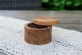 Lipper International acacia salt box lid open showing easy access.