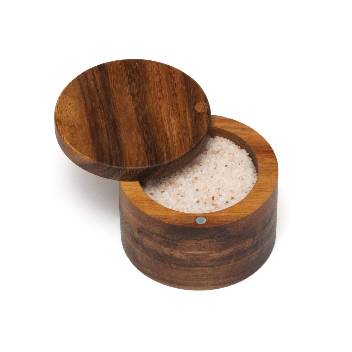 Lipper International acacia spice box with swivel cover on counter for quick seasoning access.