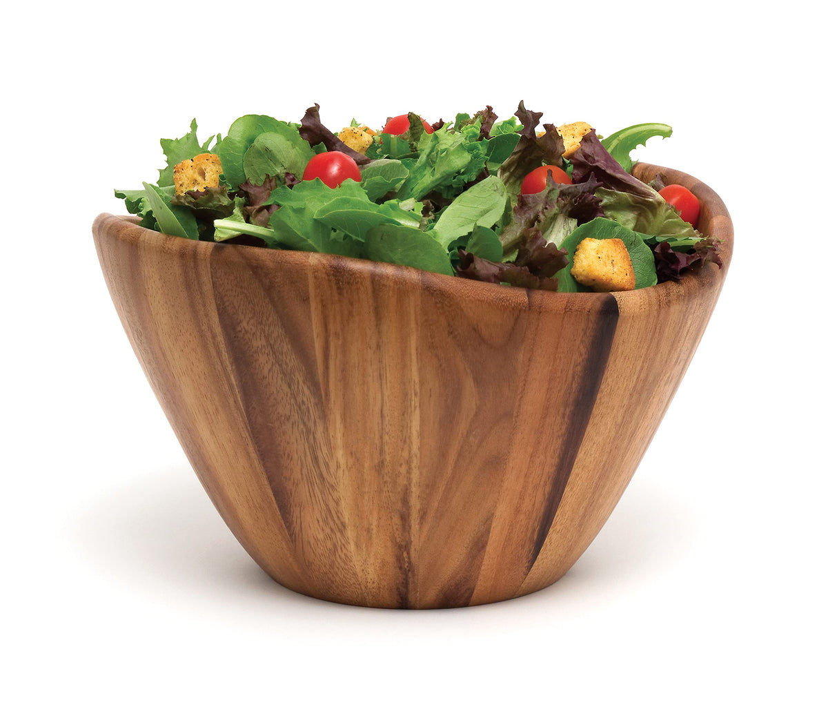 Lipper International acacia wave bowl closeup highlights natural wood grain and smooth edges