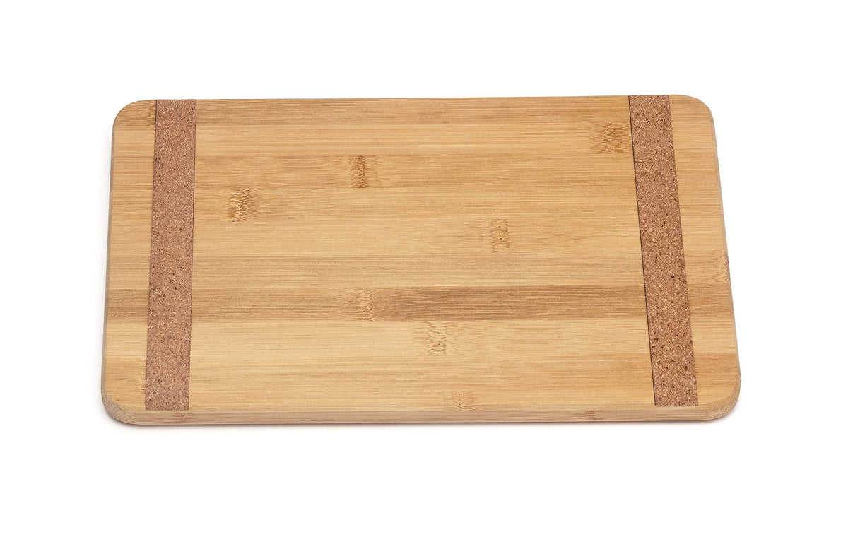Cork-backed bamboo board is easy to clean and resists slipping on counters.