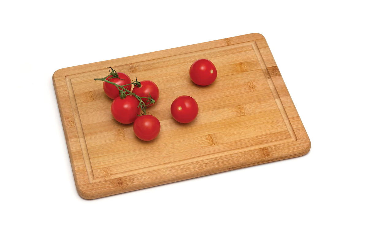 Medium bamboo board offers stable cutting and versatile serving for meals.