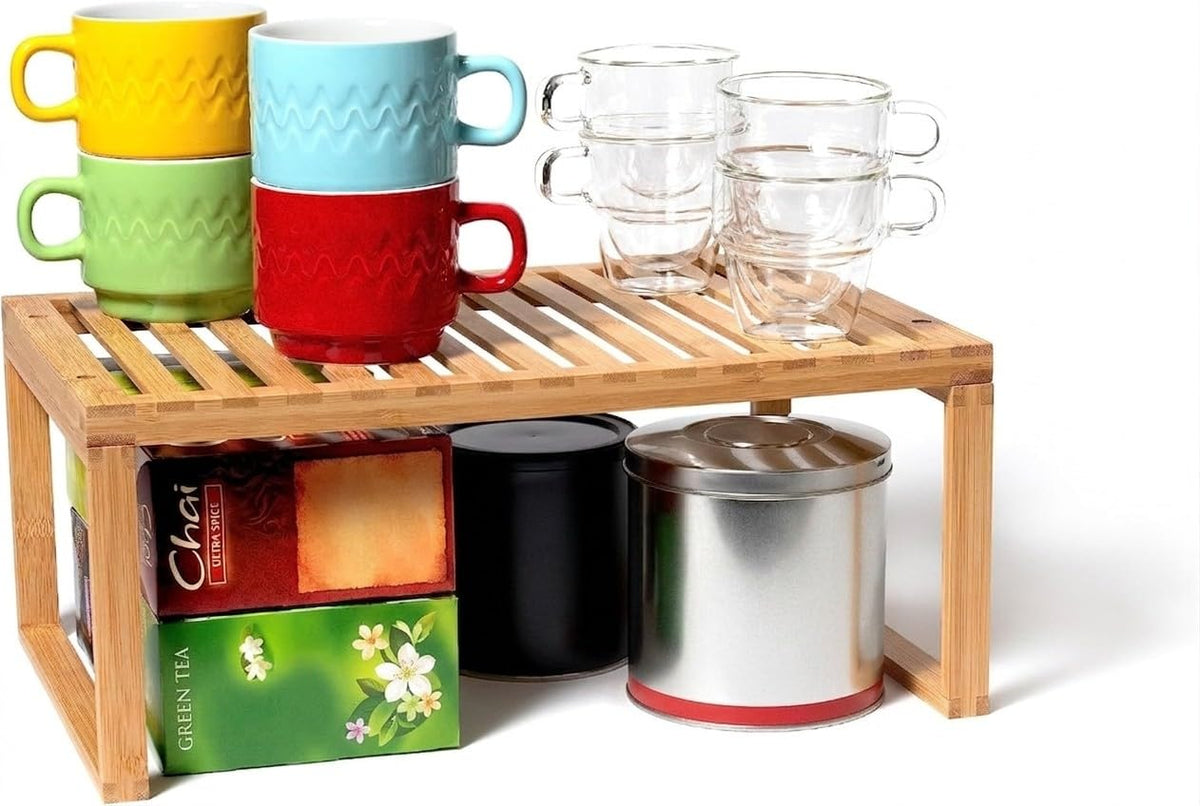 Lipper bamboo shelf stackable design maximizes storage in cabinets and countertops.