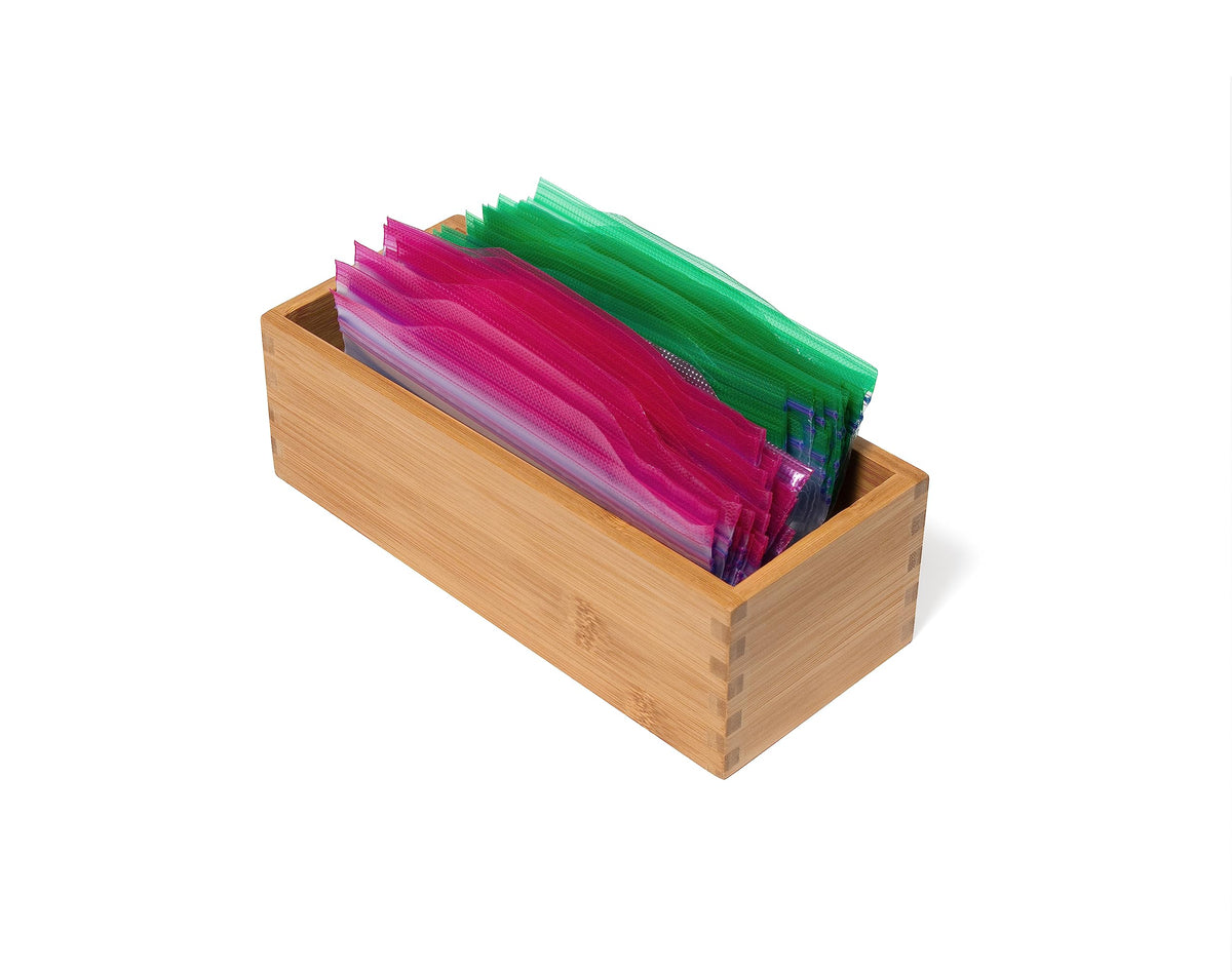 Lipper International bamboo box holds tea bags, sugar packets and K cups