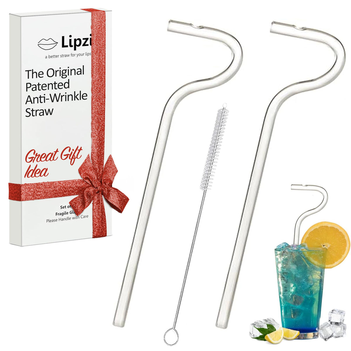 Lipzi patented anti-wrinkle straw close-up showcasing curved flute-like design.
