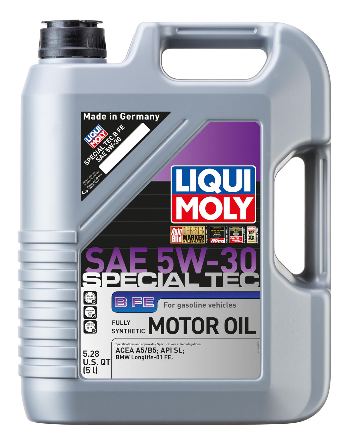 Liqui Moly Special Tec B FE 5W-30 5L bottle for BMW engines, improves cold starts and efficiency.