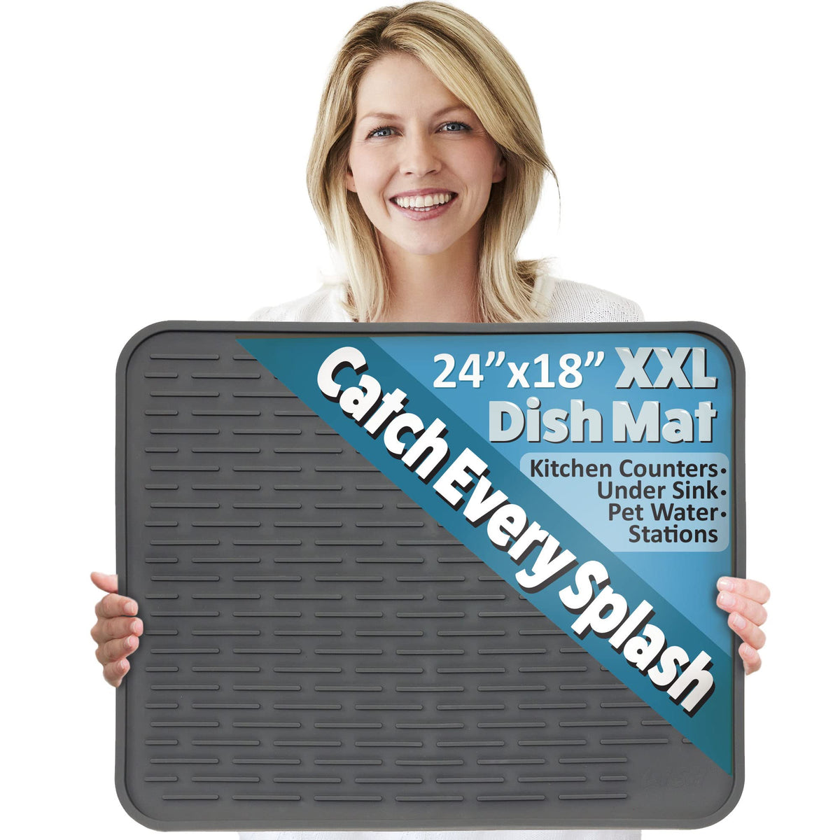 LISH XXL silicone dish drying mat 24 by 18 inches, spacious surface for dishes and rack overflow.