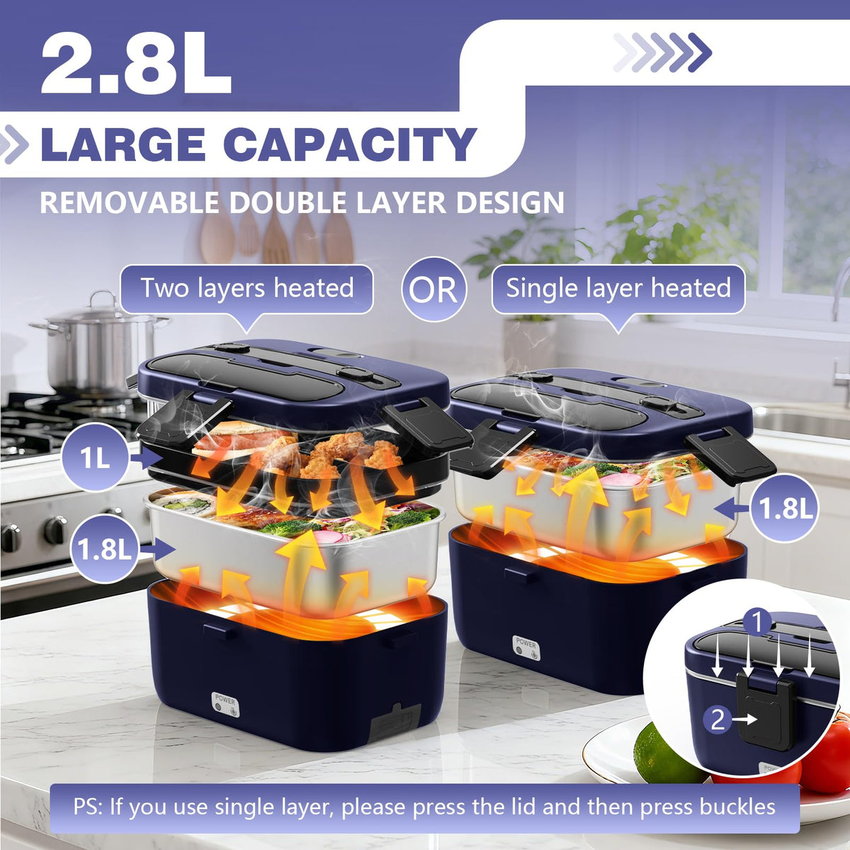 LISHZEN electric lunch box 2.8L secondary container for fruits or snacks