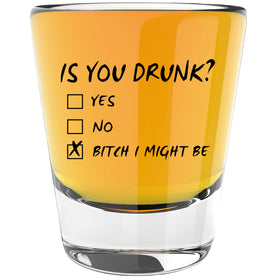 LitGifts Is You Drunk Design shot glass with bold print, perfect for playful gatherings.