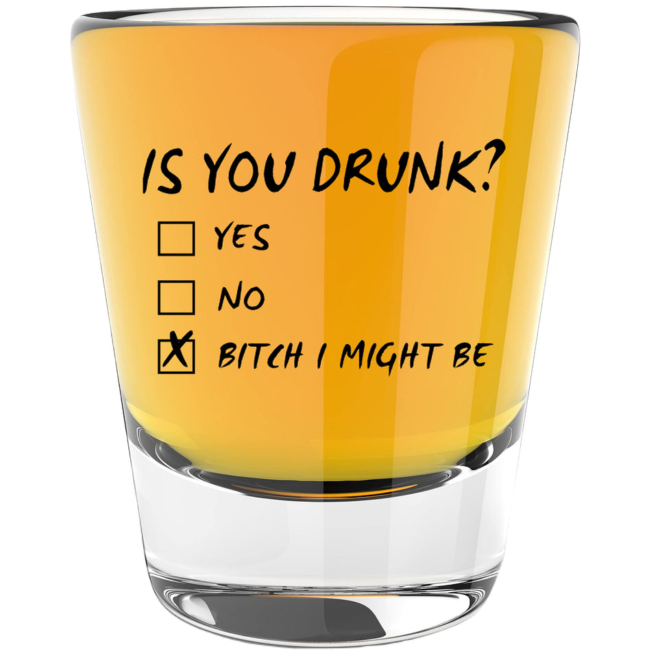 LitGifts Is You Drunk Design shot glass with bold print, perfect for playful gatherings.
