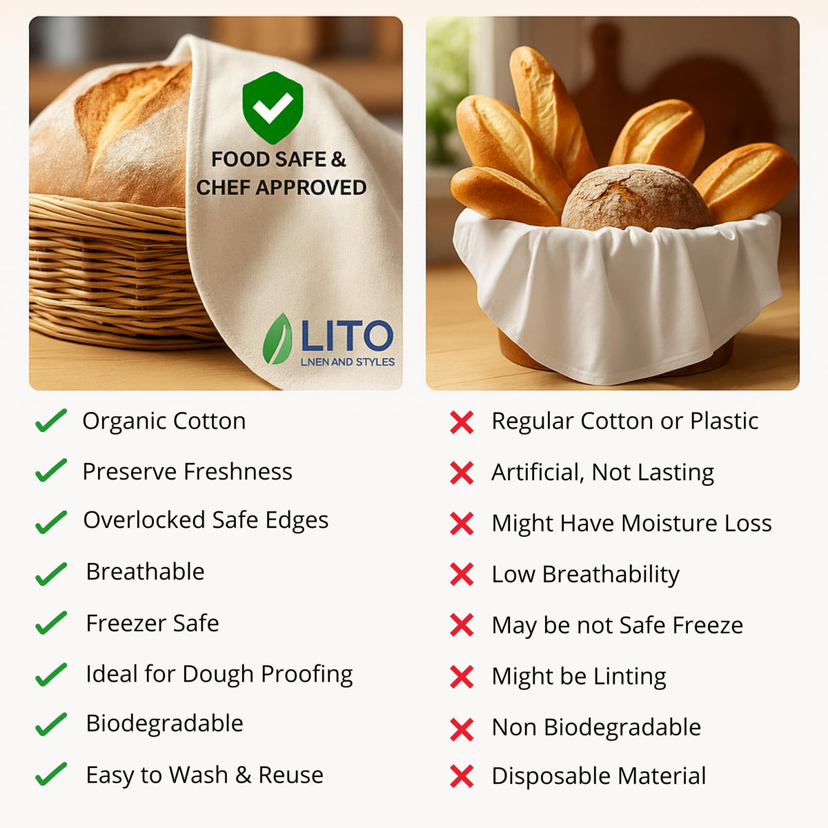 LITO linen blend fabric promotes airflow for gentle dough fermentation.