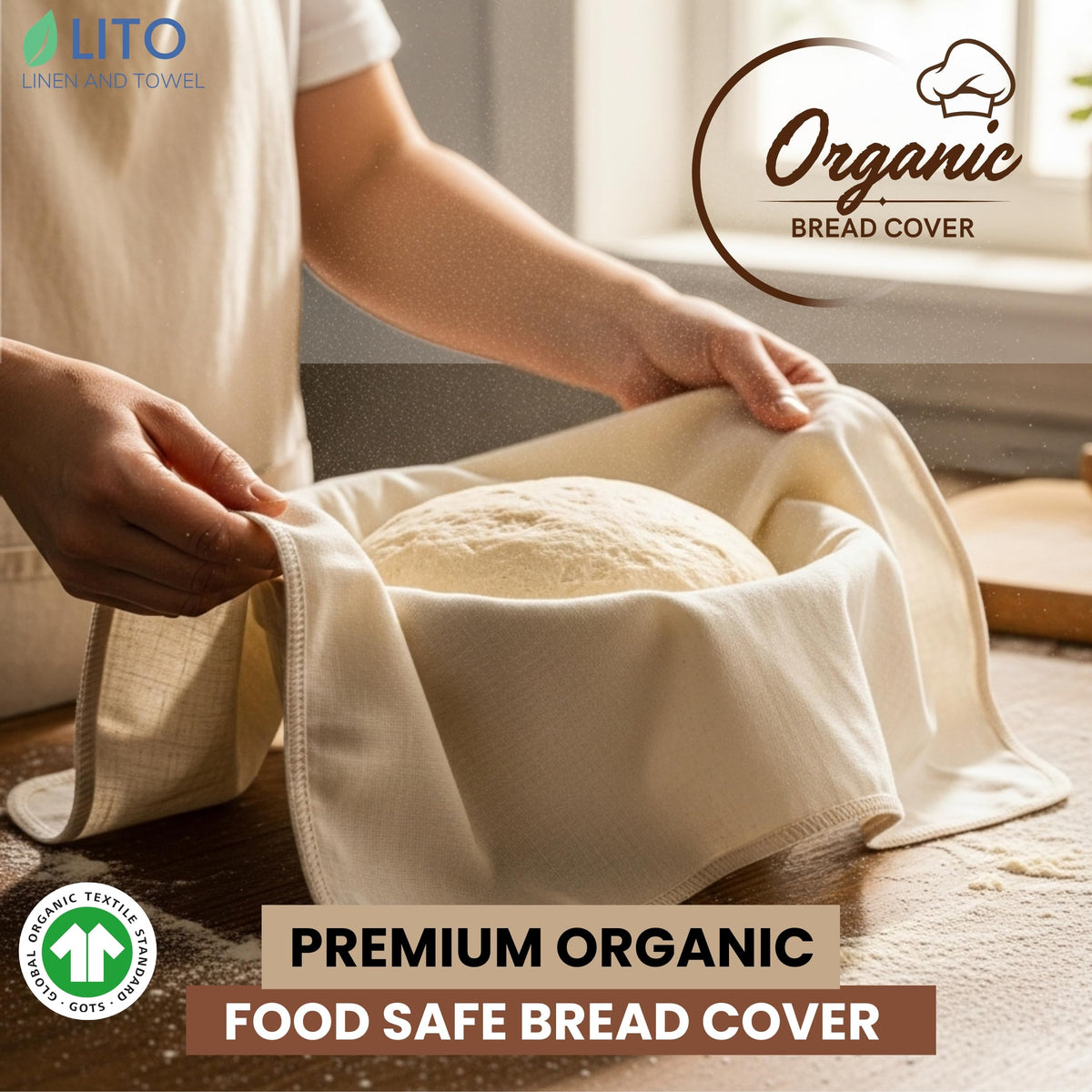 LITO proofing cloth inside banneton with dough forming shape.