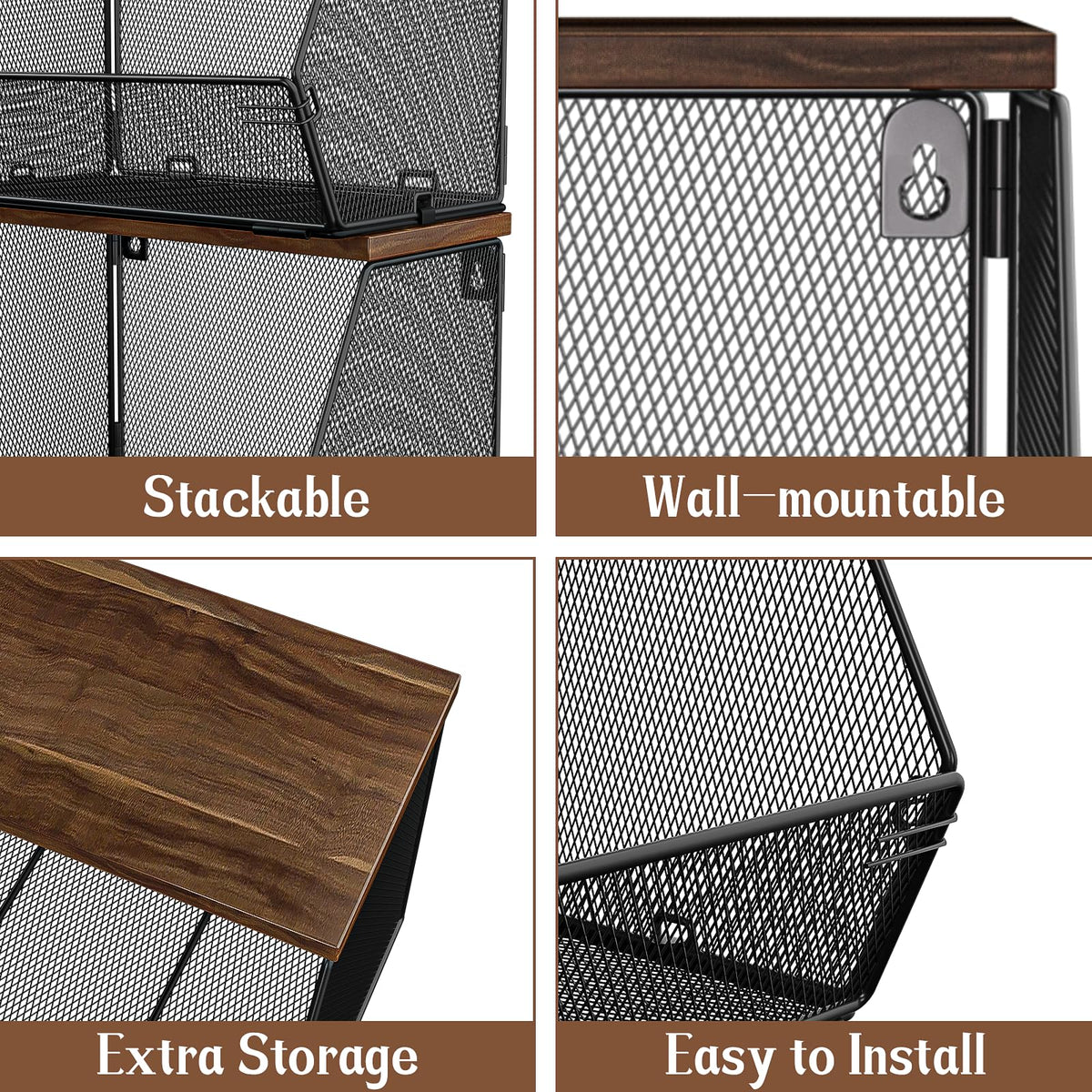 Litwaro foldable basket on wall offers versatile storage for bread, potatoes, and fruit.