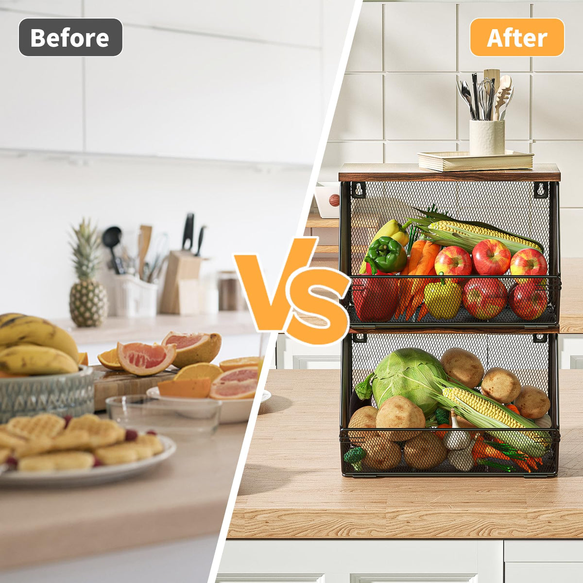 Litwaro space-saving countertop basket demonstrates compact storage for snacks and produce.