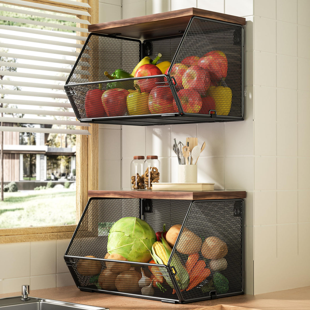 Litwaro stackable fruit basket assembly shows quick setup for clutter-free countertops.