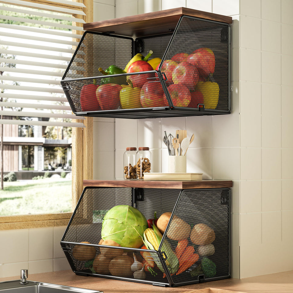 Litwaro stackable fruit basket assembly shows quick setup for clutter-free countertops.