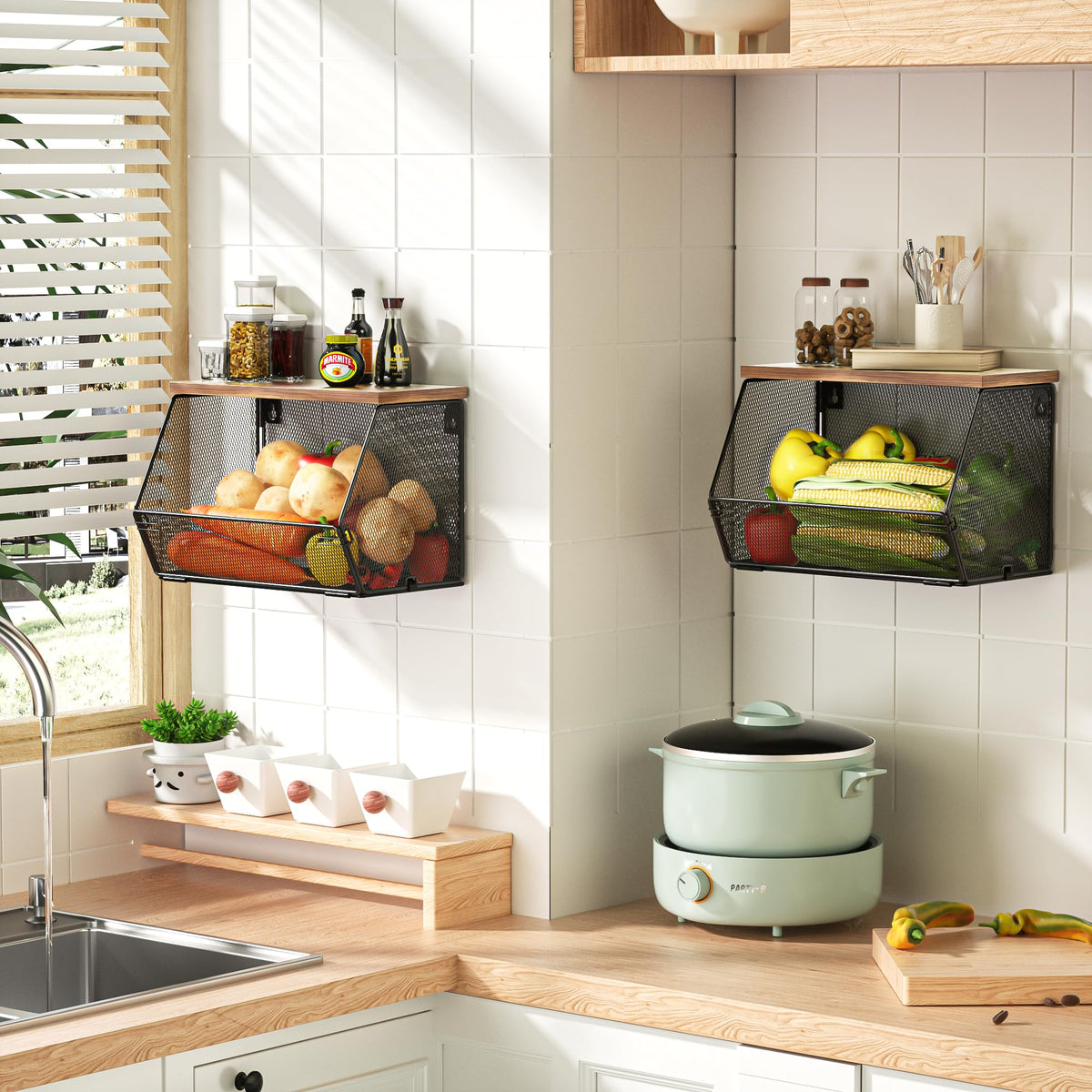 Litwaro wall-mounted basket with wood lid highlights sturdy, accessible kitchen organization.