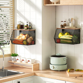 Litwaro wall-mounted basket with wood lid highlights sturdy, accessible kitchen organization.