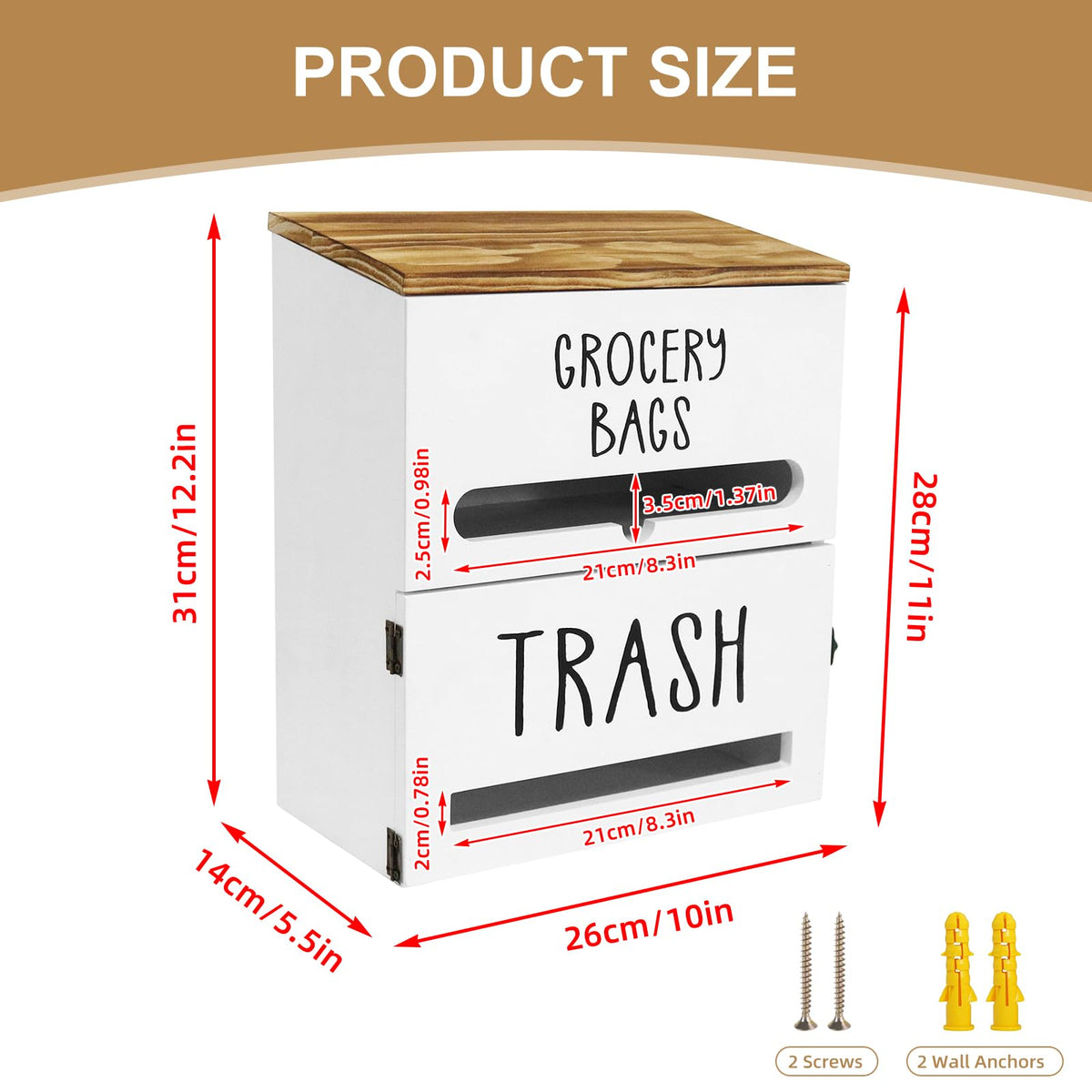Liuceny wood trash bag holder showing natural grain and accessible bags.