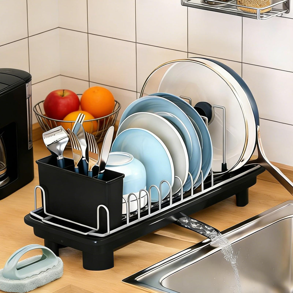 Liucocotos compact dish drying rack on countertop keeps small dishes organized and dry.