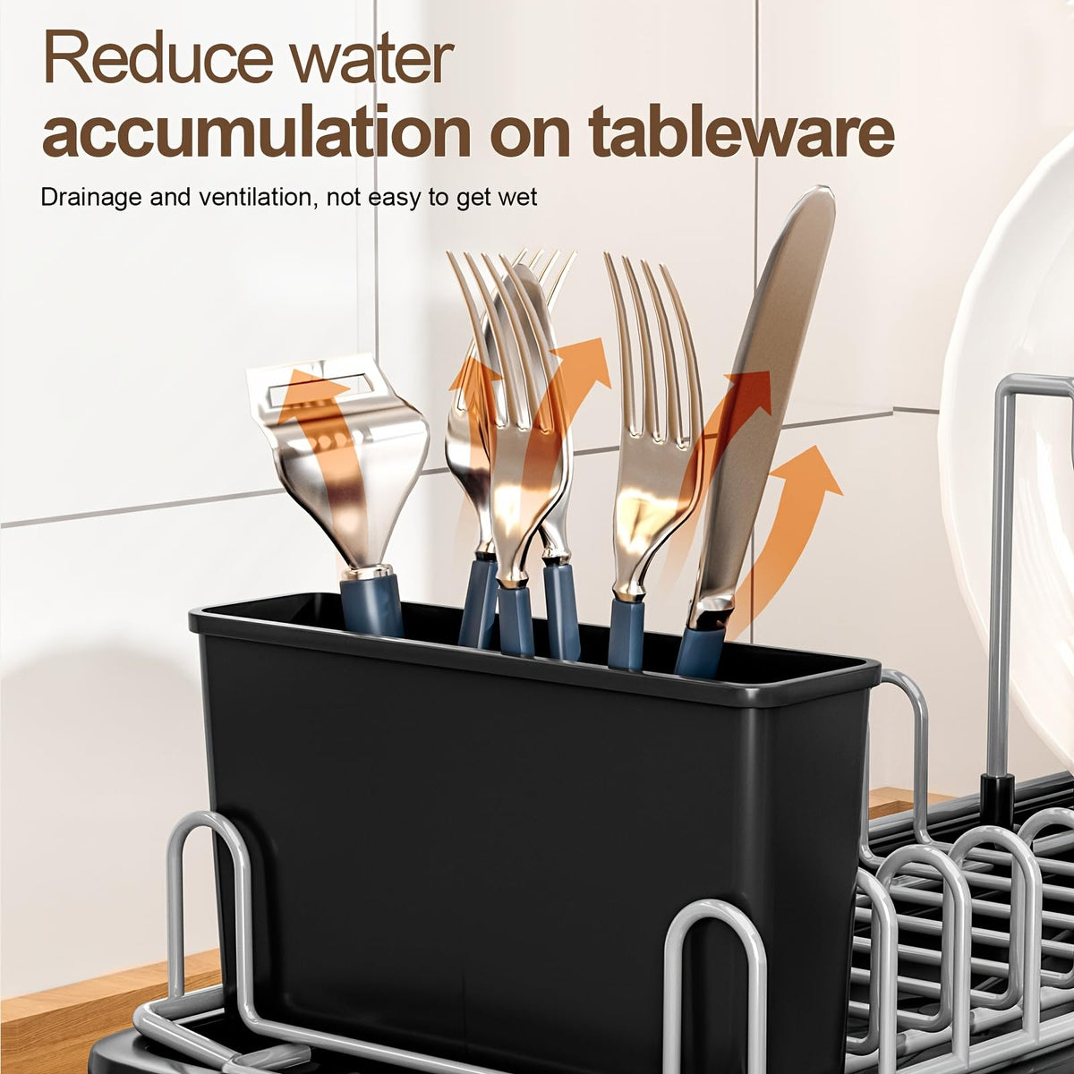 Liucocotos removable utensil caddy adds a tidy space for cutlery.