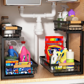 Liuoud under-sink organizer 2-pack with slide-out 2-tier design for easy access.