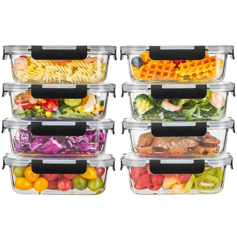 Liuruiyu 8 pack 36oz glass containers with lids, ideal for bulk prep and fridge storage.
