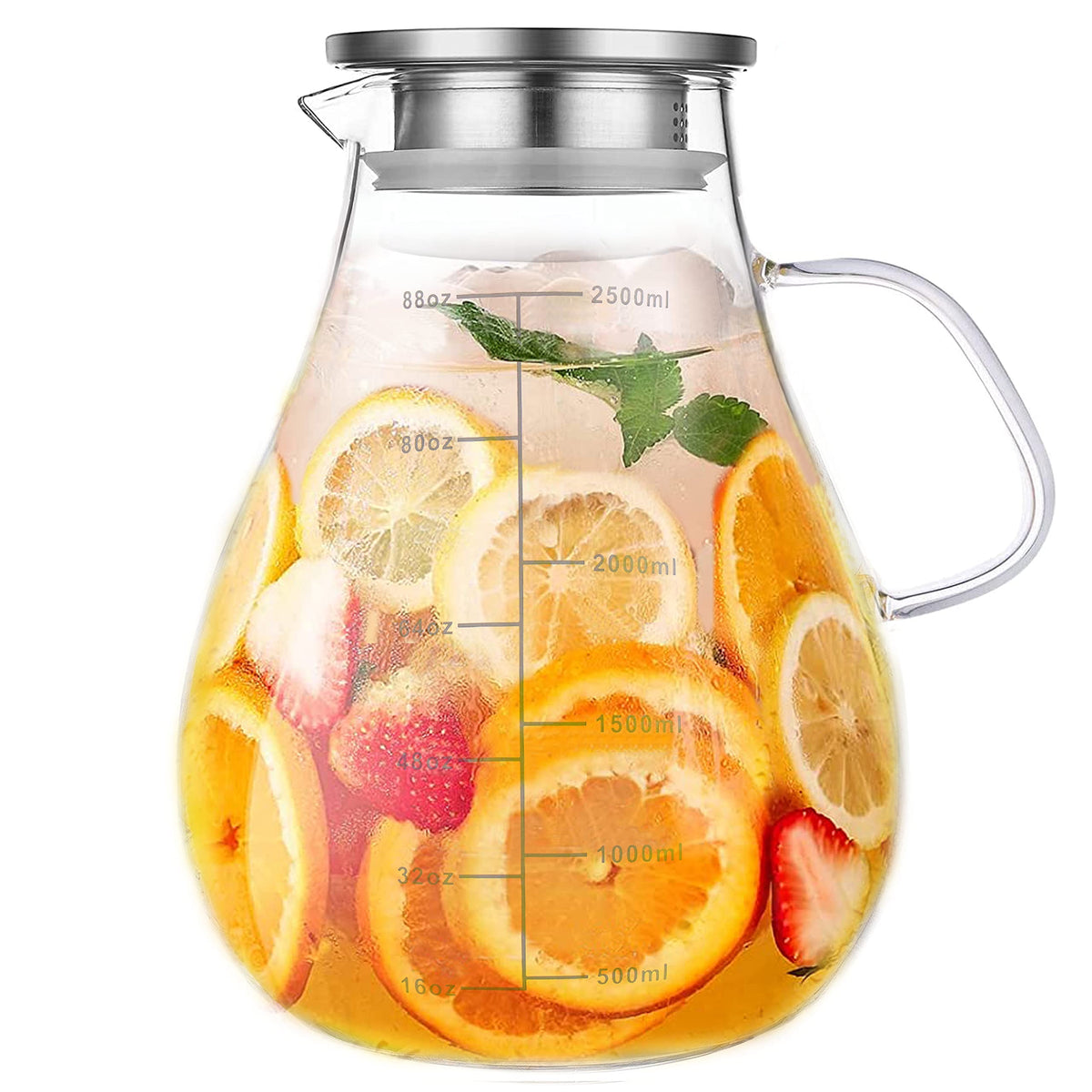 Liuruiyu glass pitcher with closed lid and 88 oz capacity for spill-free serving.