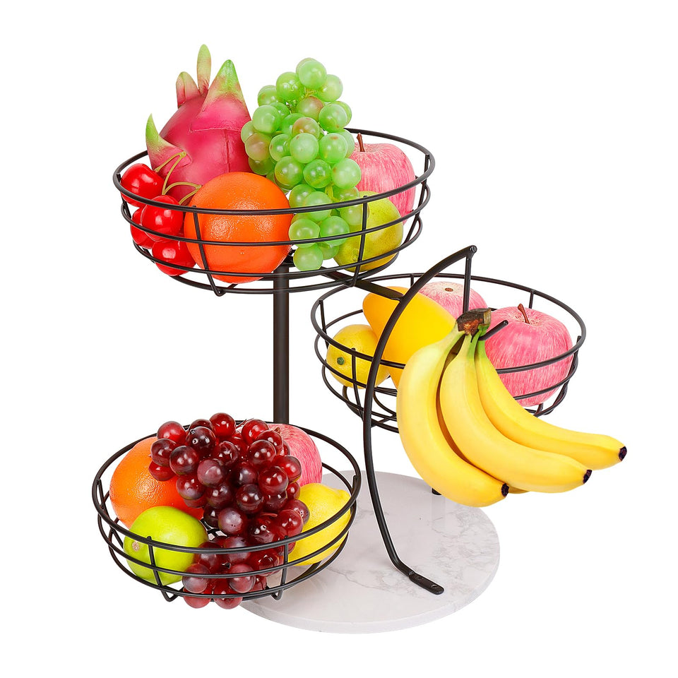 Livabber 3-tier fruit basket with marble base, stylish countertop storage solution.
