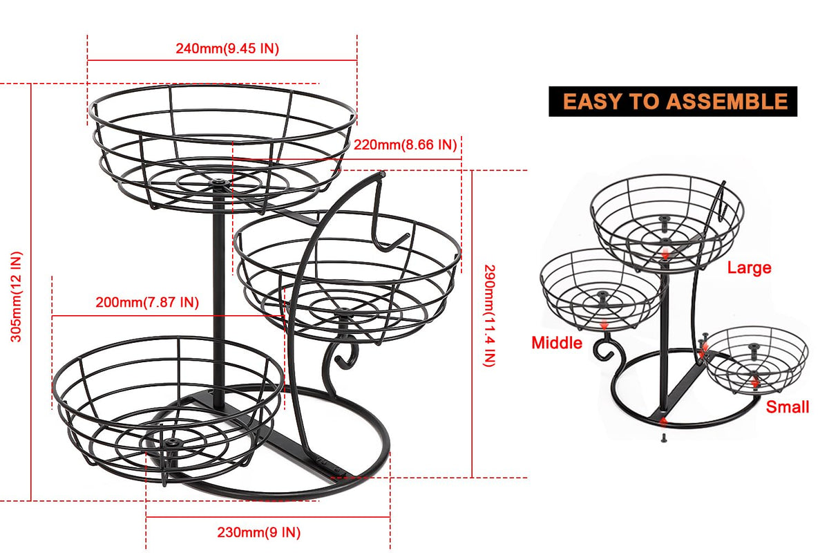 Livabber 3-tier fruit basket stand keeping fruits, vegetables, and bread neatly organized.