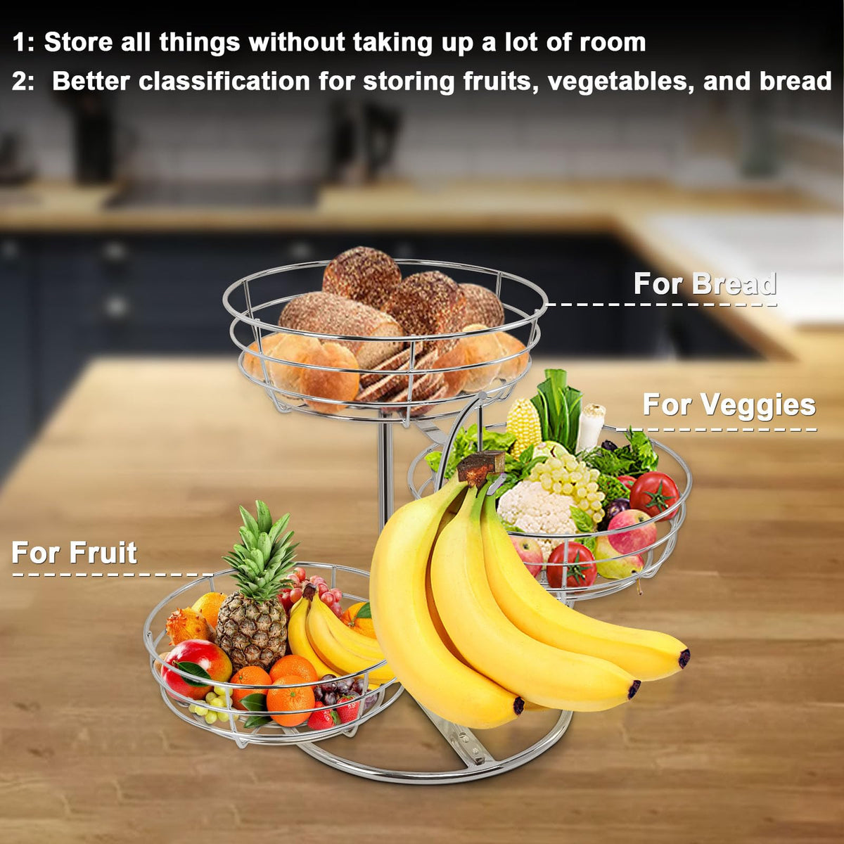 Livabber 3-tier fruit bowl chrome finish keeps countertop tidy and accessible