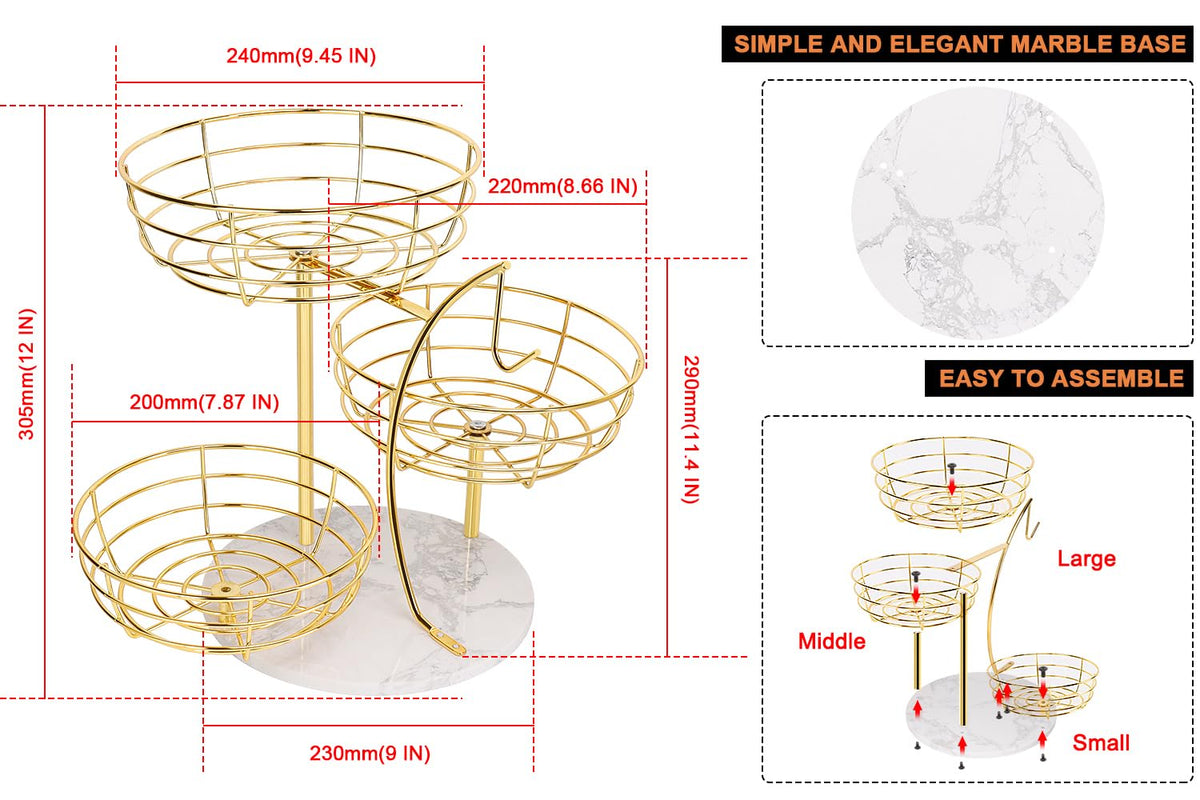 Livabber 3-tier marble-base fruit basket for organized produce