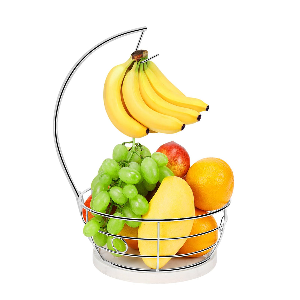 Livabber banana hanger with round marble base keeps bananas fresh.