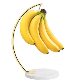 Livabber banana holder with marble base, side view, keeps fruit organized and protected from bruising.