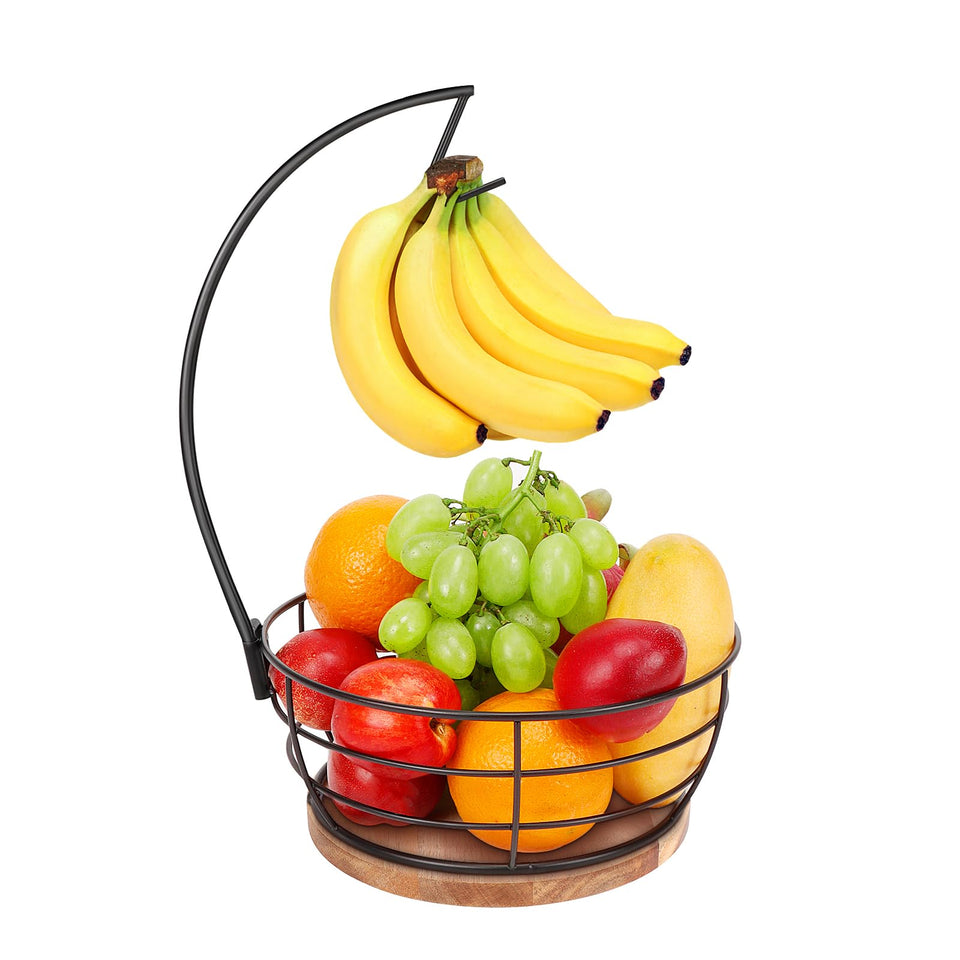 Livabber banana tree hanger fruit bowl on black round wood base keeps fruit organized.