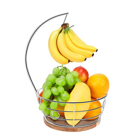 Livabber fruit basket with banana hanger on round wood base and chrome frame for organized fruit storage