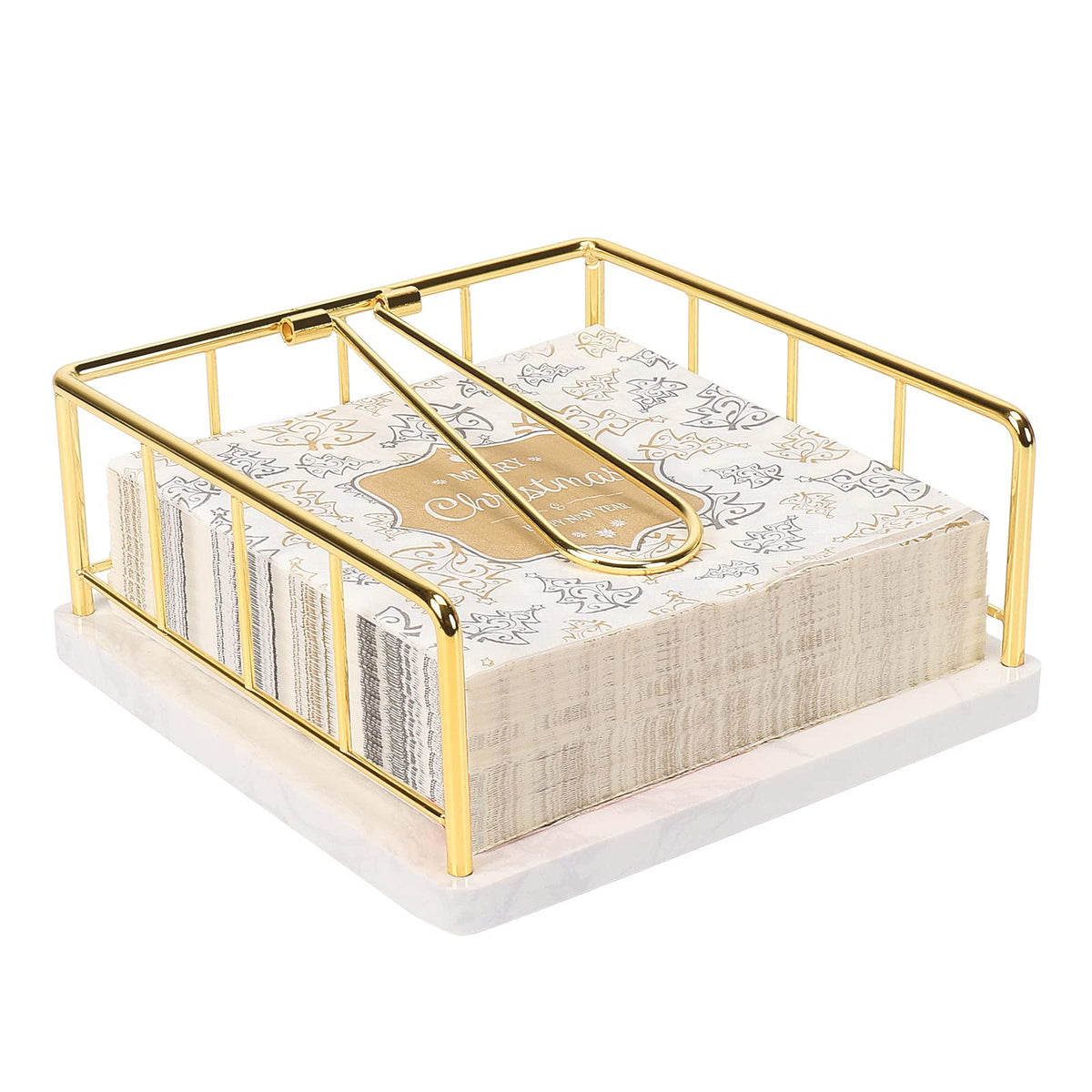 Livabber flat napkin holder with marble base keeps napkins neatly organized on the counter.