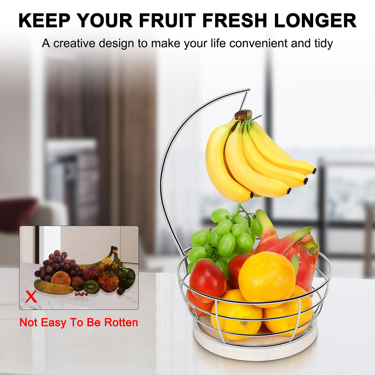 Livabber fruit and snack storage keeps countertops tidy.