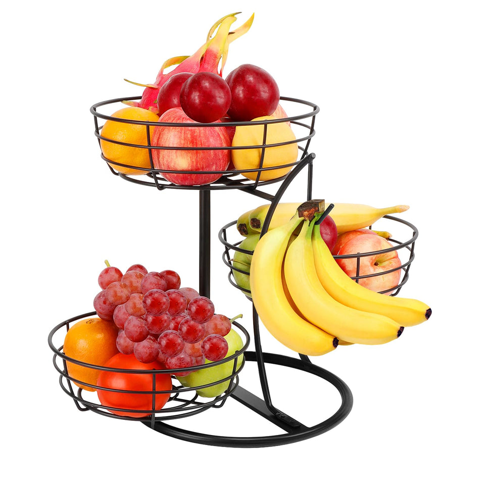 Livabber fruit basket with banana hanger assembly for easy, space-saving kitchen organization.
