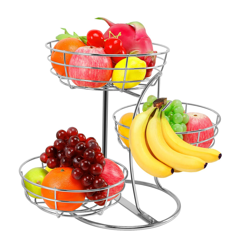 Livabber fruit basket banana hanger in chrome highlights organized three-tier kitchen storage
