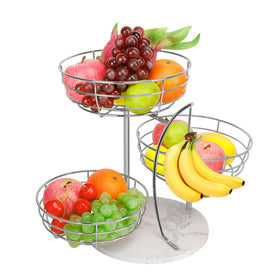Livabber fruit basket with banana hanger and chrome frame, featuring a marble base for stylish storage.